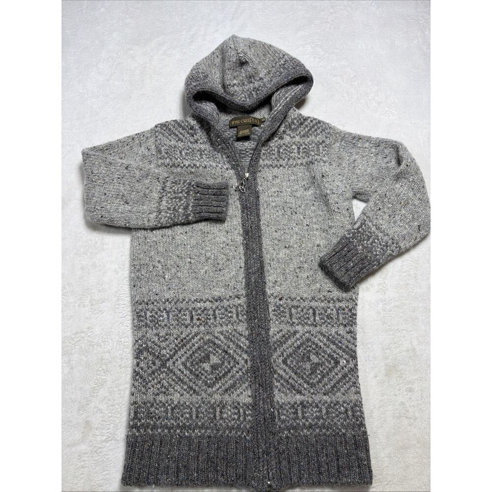 Inis Crafts 100% Wool Hooded Cardigan Sz S Gray Fair Isle Ireland Gorpcore